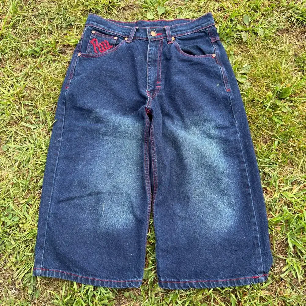 Essential Vintage Rocawear Y2K Baggy Denim Jorts with Embroidered Red Pockets